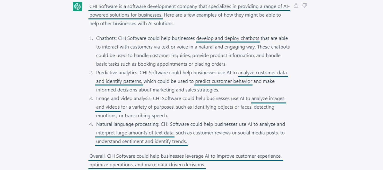 How can CHI Software help other businesses with AI implementation? ChatGPT answers.