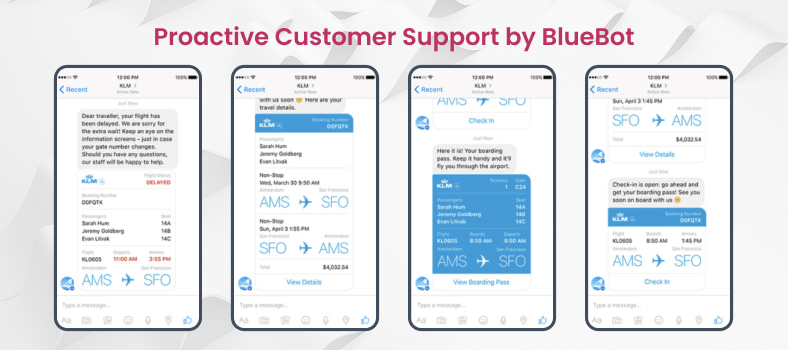 KLM’s BlueBot is an example of conversational AI for proactive customer support.